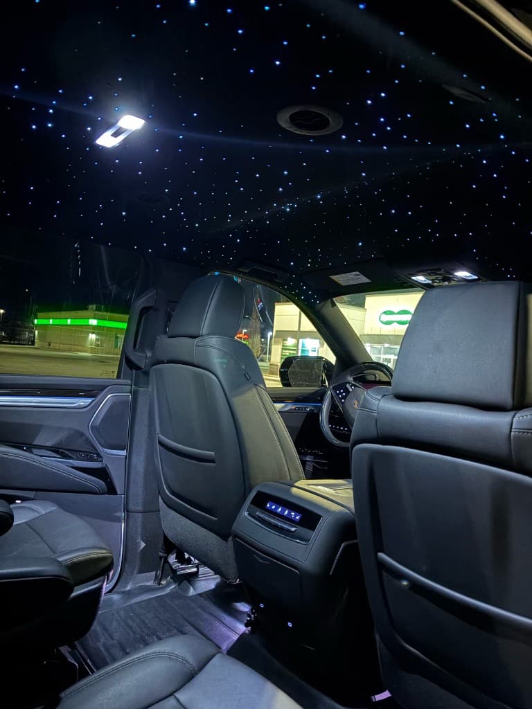 Blue starlight headliner rear cabin Pearson Limo Toronto
